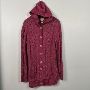 L.L. Bean Sweater Cable Knit Long Womens Medium Hooded Cardigan Pink Button Wool